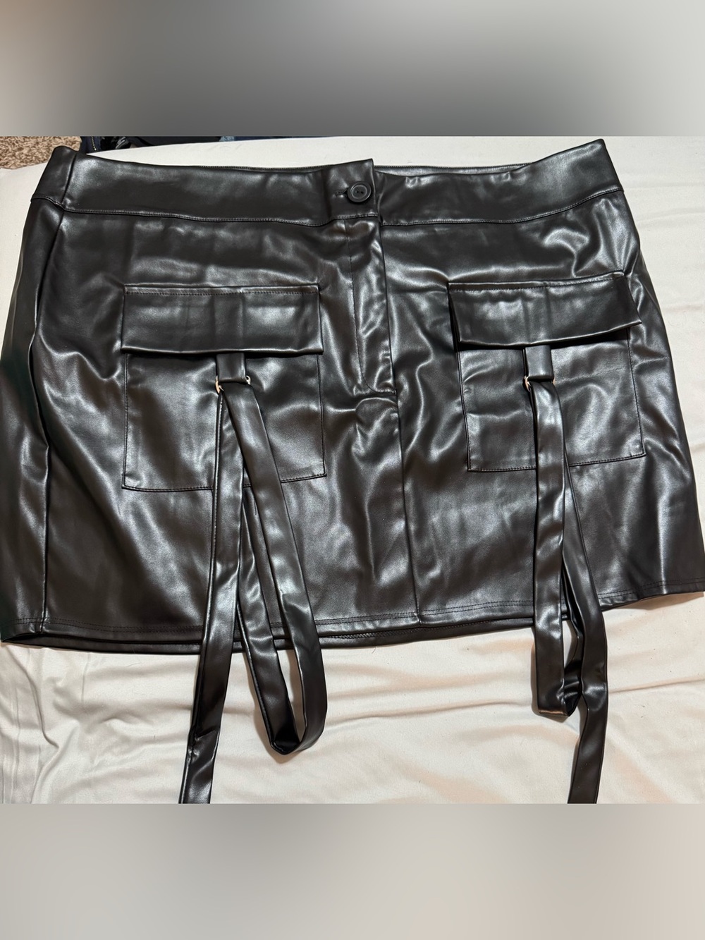 Faux Leather Mini Skirt with Front Pocket Straps - Black